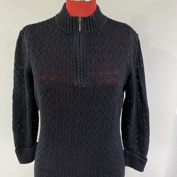 Adolfo Black M Lacy Knit Tunic Sweater Mini Dress Quarter Zip Ribbed Hem Cotton - Picture 2 of 10